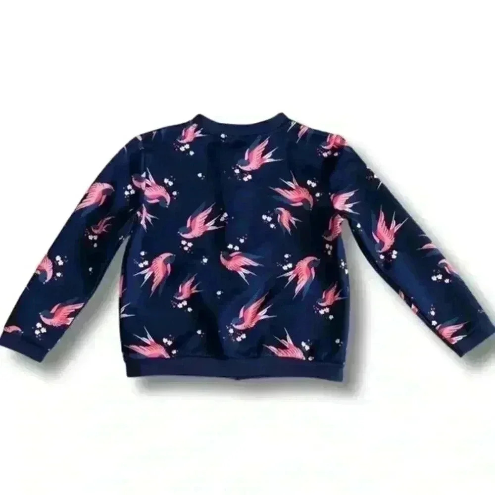 H&M Girl's Bomber Jacket Long Sleeve Navy Blue Birds Floral, Size 4-6yr